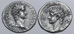 Roman Provincial Caligula, with Divus Augustus, AR Drachm of uncertain Cretan mint (Gortyna?). AD 37-41. Γ • KAIΣAP ΣEB • ΓERM • APX • MEΓ • ΔHM EKOY • YΠA, bare-headed bust of Caligula to right, slig