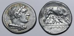 Roman Republic Anonymous AR Didrachm. Rome, 269-266 BC. Head of Hercules to right, wearing taenia, with club and lion-skin over shoulder / She-wolf standing to right, head to left, suckling the twins 