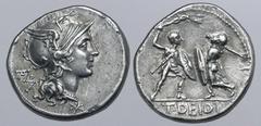 Roman Republic T. Didius AR Denarius. Rome, 113-112 BC. Helmeted head of Roma to right; monogram of ROMA behind, mark of value below / Two gladiators fighting, each holding shield, one attacking to ri