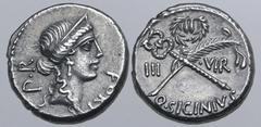 Roman Imperatorial Q. Sicinius AR Denarius. Rome, 49 BC. Diademed head of Fortuna to right; P•R upwards behind, FORT before / Palm-branch and caduceus in saltire, laurel wreath above; III-VIR across f