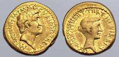 Roman Imperatorial Marc Antony and Octavia AV Aureus. Military mint moving with Antony, Athens, 38 BC. M•ANTONIVS•M•Γ•M•N•AVGVR•IMP•TIIRT, bare head of Antony to right / COS•DIISIG•ITIIR•IIT•TIIRT•III