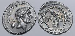 Roman Imperatorial Sextus Pompey AR Denarius. Uncertain mint in Sicily (Catania?), 42-40 BC. MAG•PIVS•IM[P•ITER], bare head of Pompey Magnus to right; capis behind, lituus before / Neptune standing to