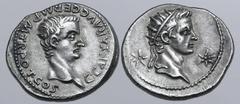 Roman Imperial Caligula, with Divus Augustus, AR Denarius. Lugdunum, AD 37. C • CAESAR • AVG • GERM • P • M • TR • POT • COS, bare head of Gaius 'Caligula' to right / Radiate head of Divus Augustus to