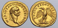 Roman Imperial Domitian AV Aureus. Rome, AD 82-83. IMP CAES DOMITIANVS AVG P M, laureate head right / IVPPITER CONSERVATOR, eagle, with spread wings and head left, standing facing perched on thunderbo