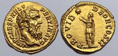 Roman Imperial Pertinax AV Aureus. Rome, AD 193. IMP CAES P HELV PERTIN AVG, laureate head to right / PROVID DEOR COS II, Providentia standing to left, holding out both hands to star in left field. RI
