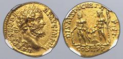 Roman Imperial Septimius Severus AV Aureus. Rome, AD 194. L • SEPT • SEV • PERT • AVG IMP III, laureate head to right / DIS • AVSPICIB TR P • II •, Hercules standing to left, holding club and with lio