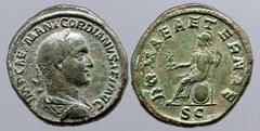 Roman Imperial Gordian II Africanus Æ Sestertius. Rome, AD 238. IMP CAES M ANT GORDIANVS AFR AVG, laureate, draped and cuirassed bust to right / ROMAE AETERNAE, Roma seated to left on shield, holding 