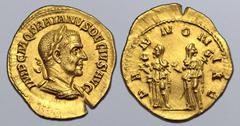 Roman Imperial Trajan Decius AV Aureus. Rome, AD 249-251. IMP C M Q TRAIANVS DECIVS AVG, laureate and cuirassed bust to right / PANNONIAE, the two Pannoniae standing facing, veiled and draped, their h