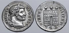 Roman Imperial Galerius, as Caesar, AR Argenteus. Thessalonica, AD 302. MAXIMIANVS NOB C, laureate head to right / VIRTVS MILITVM, camp gate with three turrets, no doors; •T•S•B• in exergue. RIC VI 16