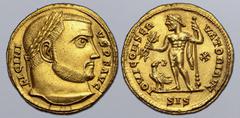 Roman Imperial Licinius I AV Aureus. Siscia, AD 316. LICINIVS P F AVG, laureate head to right / IOVI CONSERVATORI AVG, Jupiter standing facing, head to left, holding thunderbolt and sceptre; at his fe