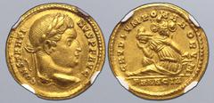 Roman Imperial Constantine I 'the Great' AV Solidus. Treveri, AD 312-313. CONSTANTINVS P F AVG, laureate head to right / GAVDIVM ROMANORVM, Francia seated to left on ground, resting head on hand and l