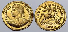 Roman Imperial Crispus, as Caesar, AV Solidus. Nicomedia, AD 324-325. FL IVL CRISPVS NOB CAES, laureate 'heroic' bust to left, seen from behind, holding spear and shield to front, balteus over right s