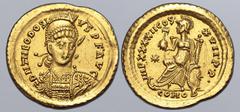 Maritime Theodosius II AV Solidus. Constantinople, AD 441-450. D N THEODOSIVS • P • F • AVG, pearl-diademed, helmeted and cuirassed bust facing slightly to right, holding spear and shield decorated wi
