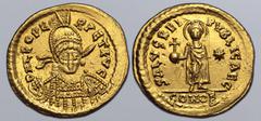 Maritime Leo I, with Patricius (or Leo II?), as Caesar, AV Solidus. Constantinople, AD 470-471 or 474. D N LEO PERPET AVG, pearl-diademed, helmeted and cuirassed bust of Leo (I or II?) facing slightly