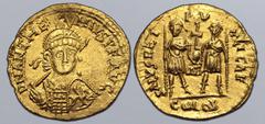 Maritime Anthemius AV Solidus. Mediolanum, AD 467-472. D N ANTHEMIVS P F AVG, pearl-diademed, helmeted, and cuirassed bust facing slightly to right, holding spear and shield decorated with horseman mo