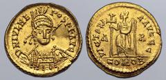 Maritime Julius Nepos AV Solidus. Arelate, AD 474-475. D N IVL NEPOS P F AVG, pearl-diademed, helmeted and cuirassed bust facing slightly to right, holding spear and shield decorated with horseman mot