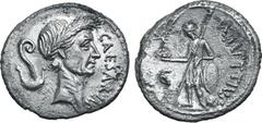 Roman Imperatorial Julius Caesar AR Denarius. Rome, late February 44 BC. M. Mettius, moneyer. CAESAR IMP, laureate head to right; lituus and simpulum behind / M METTIVS, Venus standing to left, holdin