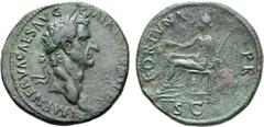Roman Imperial Nerva Æ Sestertius. Rome, AD 97. IMP NERVA CAES AVG P M TR P COS III P P, laureate head to right / FORTVNA P R, Fortuna seated to left, holding corn-ears and sceptre; SC in exergue. RIC