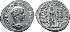 Roman Imperial Diadumenian, as Caesar, AR Denarius. Rome, AD 217-218. M OPEL ANT DIADVMENIAN CAES, bare-headed and draped bust to right / PRINC IVVENTVTIS, Prince standing facing, head to right, holdi