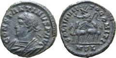 Roman Imperial Constantine I 'the Great' BI Nummus. London, AD 314-315. CONSTANTINVS P AVG, laureate and trabeate bust to left / SOLI INVICTO COMITI, Sol standing to left in quadriga seen from front, 