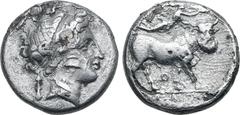 Greek Campania, Neapolis Fourrée Didrachm. Circa 300-275 BC. Diademed head of nymph to right, wearing pendant earring and pearl necklace; club behind / Man-headed bull advancing to right, head facing,