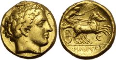 Greek Kingdom of Macedon, temp. Philip II - Alexander III AV Stater. In the name and types of Philip II. Amphipolis, circa 340-328 BC. Laureate head of Apollo to right / Charioteer, holding kentron an