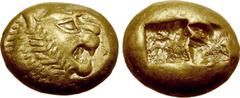Greek Kingdom of Lydia, Alyattes EL Trite - 1/3 Stater. Sardes, circa 600-561 BC. Head of roaring lion to right, sunburst with five rays on forehead / Two incuse square punches. GRPC Lydia G25; Weidau