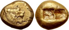 Greek Kingdom of Lydia, Alyattes EL Trite - 1/3 Stater. Sardes, circa 600-561 BC. Head of roaring lion to right, sunburst with five rays on forehead / Two incuse square punches. GRPC Lydia G25; Weidau