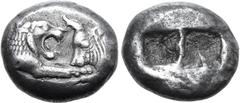 Greek Kingdom of Lydia, Kroisos AR Stater - Double Siglos. Sardes, circa 561-546 BC. Confronted foreparts of lion to right and bull to left / Two incuse squares of unequal size. GRPC Lydia S1; Berk 20