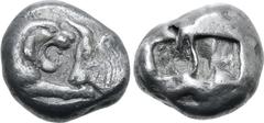 Greek Kingdom of Lydia, Kroisos AR Stater - Double Siglos. Sardes, circa 561-546 BC. Confronted foreparts of lion to right and bull to left / Two incuse squares of unequal size. GRPC Lydia S1; Berk 20