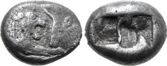 Greek Kingdom of Lydia, Kroisos AR 1/3 Stater. Sardes, circa 561-546 BC. Confronted foreparts of lion to right and bull to left / Two irregular incuse squares. GRPC Lydia S5; SNG Keckman 359; Boston M