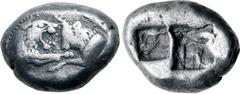 Greek Kingdom of Lydia, Kroisos AR 1/3 Stater. Sardes, circa 561-546 BC. Confronted foreparts of lion to right and bull to left / Two irregular incuse squares. GRPC Lydia S5; SNG Keckman 359; Boston M