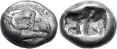 Greek Kingdom of Lydia, Kroisos AR 1/6 Stater. Sardes, circa 561-546 BC. Confronted foreparts of lion to right and bull to left / Two incuse square punches of unequal size. GRPC Lydia S6; Rosen 667; S
