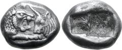 Greek Kingdom of Lydia, Kroisos AR 1/6 Stater. Sardes, circa 561-546 BC. Confronted foreparts of lion to right and bull to left / Two incuse square punches of unequal size. GRPC Lydia S6; Rosen 667; S