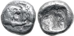 Greek Kingdom of Lydia, Kroisos AR 1/24 Stater. Sardes, circa 561-546 BC. Confronted foreparts of lion to right and bull to left / Incuse punch. GRPC Lydia S10; SNG Tübingen 3652-3. 0.38g, 6mm. Very F
