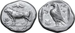 Greek Cyprus, Paphos AR Stater. Stasandros, circa 425 BC or later. Bull standing to left; winged solar disk above, ankh to left, palmette ornament in exergue / Eagle standing to left; one-handled vase