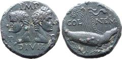 Roman Provincial Augustus and Agrippa Æ As of Nemausus, Gaul. AD 10-14. Head of Agrippa to left, wearing rostral crown combined with laureate crown, back to back with laureate head of Augustus to righ