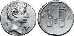 Roman Provincial Augustus AR Drachm of Masicytus, Lycia. 27-20 BC. Bare head to right; Λ-Υ across fields / Two citharas, with plectrum above, plectrum between, and M-A across fields. RPC I 3309c; SNG 