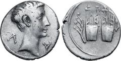 Roman Provincial Augustus AR Drachm of Masicytus, Lycia. 27-20 BC. Bare head to right; Λ-Υ across fields / Two citharas; aplustre in left field, M above A in right field. RPC I 3309; SNG von Aulock 43