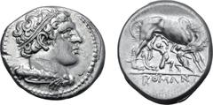 Roman Republic Anonymous AR Didrachm. Rome, 269-266 BC. Head of Hercules to right, wearing taenia, with club and lion-skin over shoulder / She-wolf standing to right, head to left, suckling the twins 