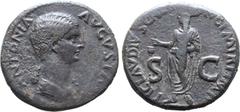 Roman Imperial Antonia (mother of Claudius) Æ Dupondius. Rome, AD 41-50. ANTONIA AVGVSTA, draped bust to right / TI CLAVDIVS CA[ESAR] AVG P M TR P IMP, Claudius, veiled and togate, standing to left an