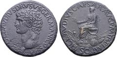 Roman Imperial Nero Claudius Drusus (father of Claudius) Æ Sestertius. Rome, AD 41-50. NERO CLAVDIVS DRVSVS GERMANICVS IMP, bare head to left / TI CLAVDIVS CAESAR AVG P M TR P IMP, emperor seated to l
