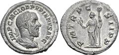 Roman Imperial Pupienus AR Denarius. Rome, AD 238. IMP C M CLOD PVPIENVS AVG, laureate, draped and cuirassed bust to right / P M TR P COS II P P, Felicitas standing facing, head to left, holding caduc