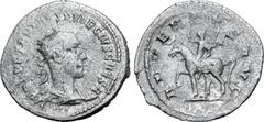 Roman Imperial Herennius Etruscus, as Caesar, AR Antoninianus. Antioch, AD 250-251. EREN ETRV MES Q V DECIVS CAESAR, radiate and draped bust to right; ••• below / ADVENTVS AVG, Trajan Decius on horseb