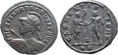 Roman Imperial Probus BI Antoninianus. Siscia, AD 280. IMP C M AVR PROBVS P F AVG, radiate, helmeted and cuirassed bust to left, holding spear and shield / CLEMENTIA TEMP, emperor standing to right, h