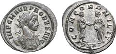 Probus Probus BI Antoninianus. Ticinum, AD 276. IMP C M AVR PROBVS AVG, radiate and cuirassed bust to right / CONCORD MILIT, emperor and Concordia standing facing each other, clasping hands; PXXT in e
