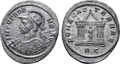 Probus Probus BI Antoninianus. Rome, AD 277. IMP C PROBVS AVG, radiate, helmeted and cuirassed bust to left, holding spear and shield / ROMAE AETERNAE, Roma seated to left in temple, holding Victory a