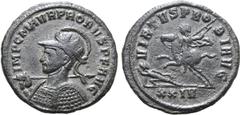 Probus Probus BI Antoninianus. Siscia, AD 277. IMP C M AVR PROBVS P F AVG, radiate and helmeted bust to left, holding spear over shoulder and shield decorated with pellets / VIRTVS PROBI AVG, emperor 