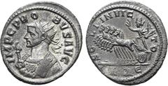 Probus Probus BI Antoninianus. Rome, AD 280. IMP C PROBVS AVG, radiate and mantled bust to left, holding eagle-tipped sceptre / SOLI INVICTO, Sol in quadriga galloping to left, holding whip; R(wreath)