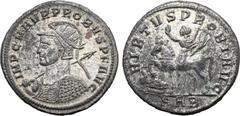 Probus Probus BI Antoninianus. Serdica, AD 280-281. IMP C M AVR PROBVS P F AVG, radiate, helmeted and cuirassed bust to left, holding spear and shield / VIRTVS PROBI AVG, emperor on horseback to left,